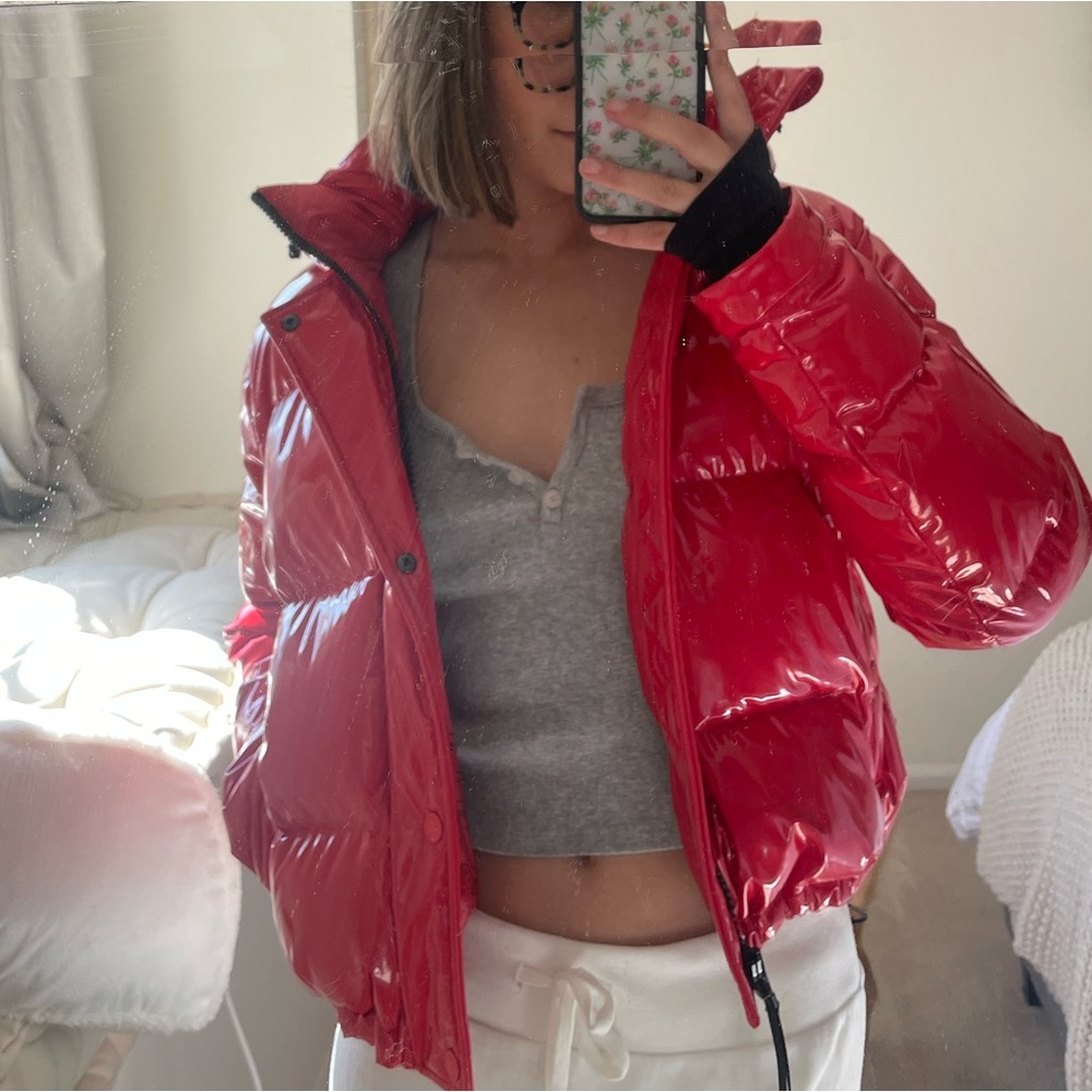 Aritzia Red Glossy Puffer Jacket
